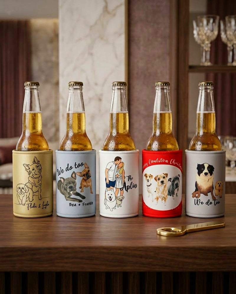 Custom pet portrait stubby holder with illustrated dog or cat — personalised pet gift stubby cooler Gold Coast